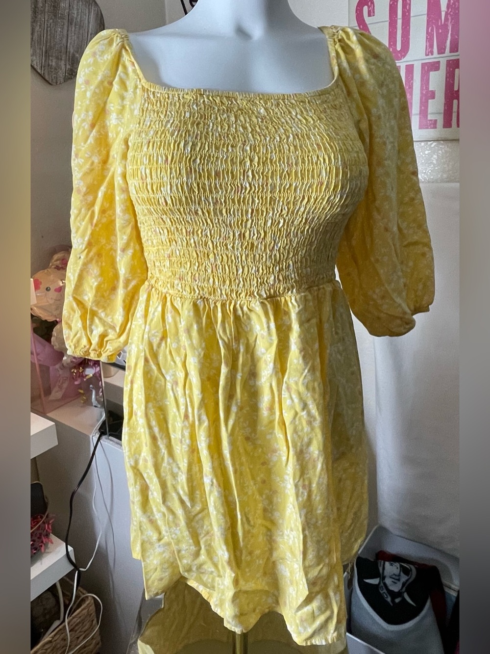 Yellow Smocked Puff-Sleeve Mini Dress